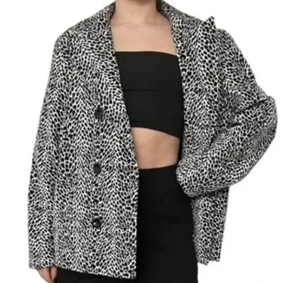Vintage Sz L Animal Print Leopard Velvet Double Breasted Blazer Jacket Black Wht - Picture 2 of 16
